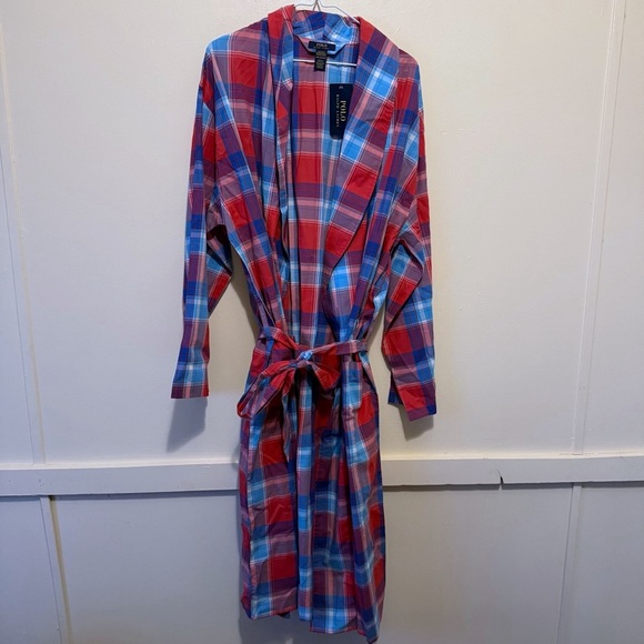 POLO RALPH LAUREN Men's 100% Cotton Woven Plaid Robe Red S/M Small Medium New - Picture 2 of 8